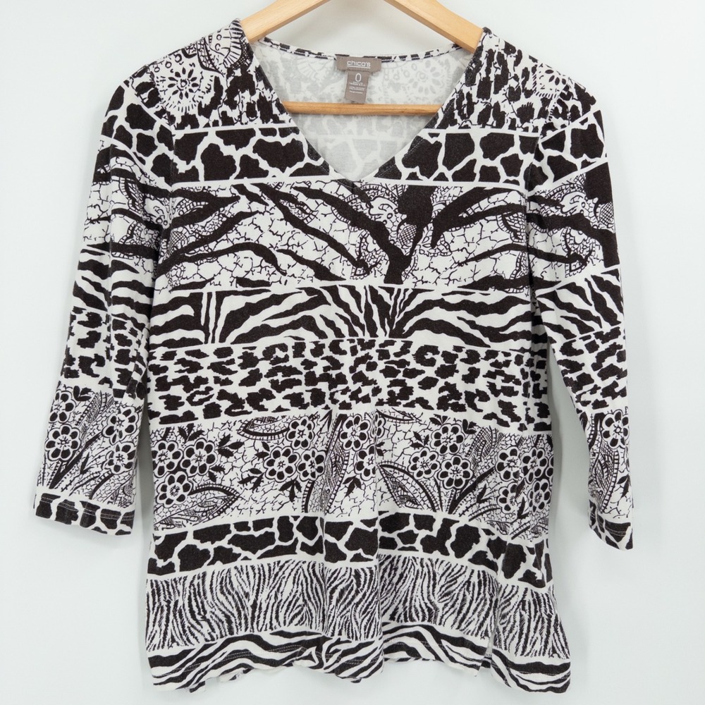 Chicos Brown White Animal Print Pattern Top Size 0 Small Boho Safari Stretch